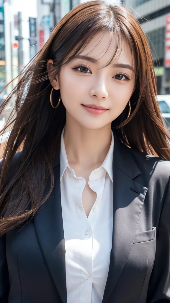 highest quality、genuine、Super detailed、finely、High resolution、8k wallpaper、one beautiful woman、、、light brown disheveled hair、wearing a business suit、sharp focus、perfect dynamic composition、beautiful and detailed eyes、thin hair、Detailed genuine skin texture、smile、model body shape、In Tokyo at morning、