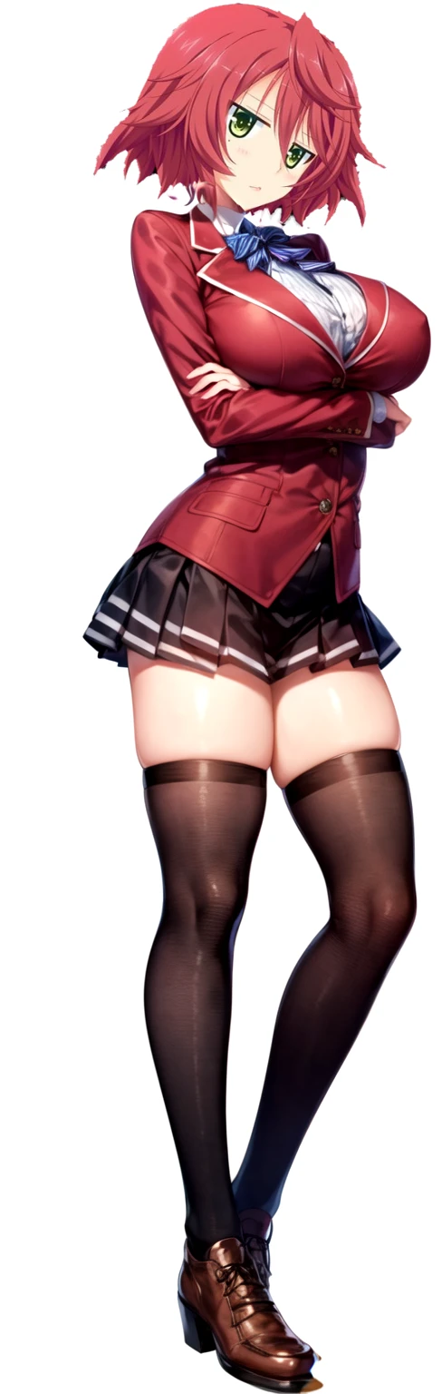 masterpiece, Highest quality, High resolution, , short red hair, Red Bow, Striped blue scarf, blazer, Red ugly jacket, Long sleeve, Big Breasts,Disdainful Eyes,Black Skirt, Black tights, Brown boots,Arms crossed, indoor, classroom