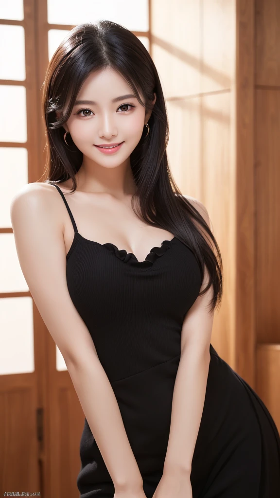 (Super beautiful woman)、((highest quality、8K masterpiece:1.3))、sharp focus:1.2、(super beautiful face:1.0)、(shiny skin:1.0)、realistic pictures、black hair、video lighting、High resolution eyes and face、video lighting、japanese actress、from the front、with a happy smile、whole body、Brush your hair up with your fingers.