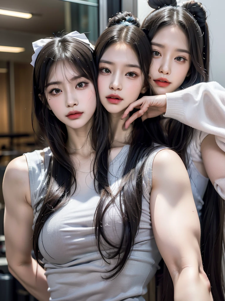 Four girls in school uniforms pose for a photo in front of a mirror，jitome，Tentacle hair，Strong muscles，Strong shoulders，Strong body，Expressionless eyes，Drooling and，Three White，Red Eye，，Bow your head，Gray hair.Gray long hair，White hair，There are no shoulder straps，Black clothes，flat chest，Angry expression，,Look at the audience，avatar，portrait，Smirk,cruel korean goth girl, korean girl, Gray long hair飘逸，The feeling of the wind blowing，avatar，portrait，Gray light，Bangs covering eyes，Flowing hair，Show your arms