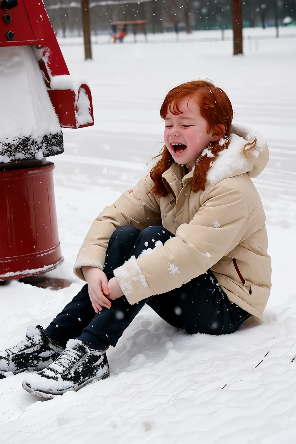 ((Best Quality)), ((Masterpiece)), (detailed), ((crying)) ((snow)) ((1 boy on his legs injured)) 1 pale skinned girl with reddish hair, long and wavy