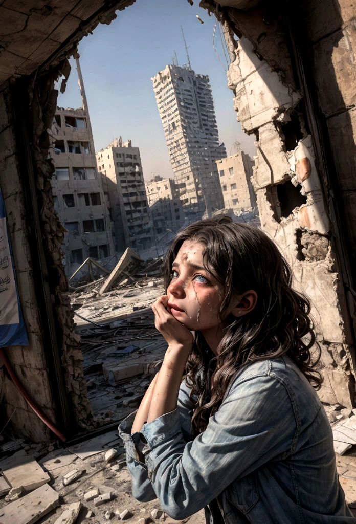 A wounded hides in a room crumbling walls,sadly, in pain, there is steel tank with israel logo, (eyes shedding tears, The face is focused on the camera), (eyes shedding tears, The face is focused on the camera), A sense of disorder, a Palestinian, Curly hair, Dusty face and fabric, (A city in the background is destroyed by fire, Human body on the ground, Some people are crying, Demolished buildings), Ultra-detailed, looking through a broken window with an expression of surprise and joy at the sight of an imagined thriving city outside. The setting is in Gaza, but the cityscape is visualized by the as beautiful and prosperous, contrasting with the child's current environment. The scene is depicted in a realistic photographic style, capturing the stark contrast between the child's hopeful gaze and the imagined beauty of the city.