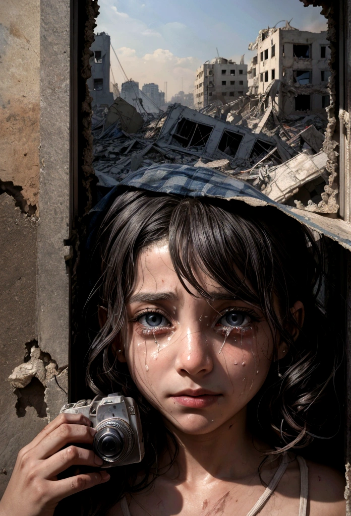 A wounded  hides in a room crumbling walls,sadly, in pain, there is steel tank with israel logo, (eyes shedding tears, The face is focused on the camera), (eyes shedding tears, The face is focused on the camera), A sense of disorder, a Palestinian, Curly hair, Dusty face and fabric, (A city in the background is destroyed by fire, Human body on the ground, Some people are crying, Demolished buildings), Ultra-detailed, looking through a broken window with an expression of surprise and joy at the sight of an imagined thriving city outside. The setting is in Gaza, but the cityscape is visualized by the  as beautiful and prosperous, contrasting with the child's current environment. The scene is depicted in a realistic photographic style, capturing the stark contrast between the child's hopeful gaze and the imagined beauty of the city.