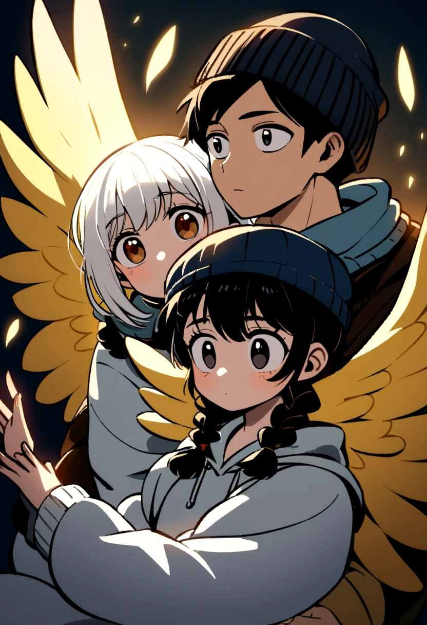 A couple in love, the girl with white hair, two braids, a white dress, black eyes and the boy with black hair,  with a dark blue hat for the cold, Brown eyes, yellow wings, Navy blue sweatshirt with white lines on the sleeves, cartoon style.