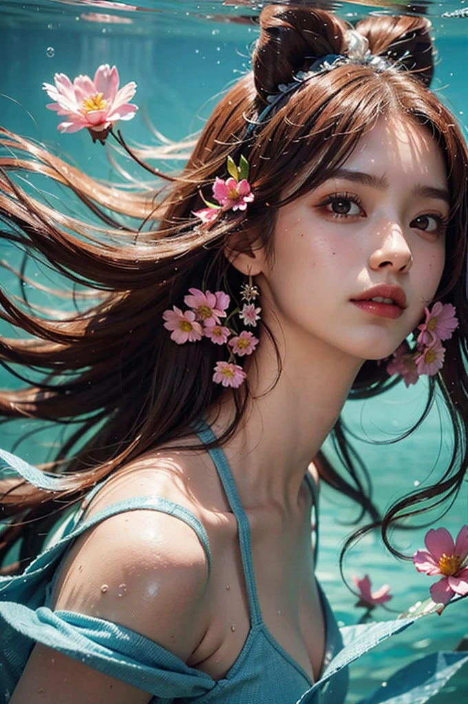masterpiece, face portrait of 1girl, there is a woman with pink flowers floating in the water,swimming underwater, white top, bare shoulders, beautiful girl face,face turned left, half face, natural detailed hair movement underwater, air bubbles, vibrant, dramatic, sharp focus, 8k,red hair, dreamy illustration, closeup fantasy with water magic