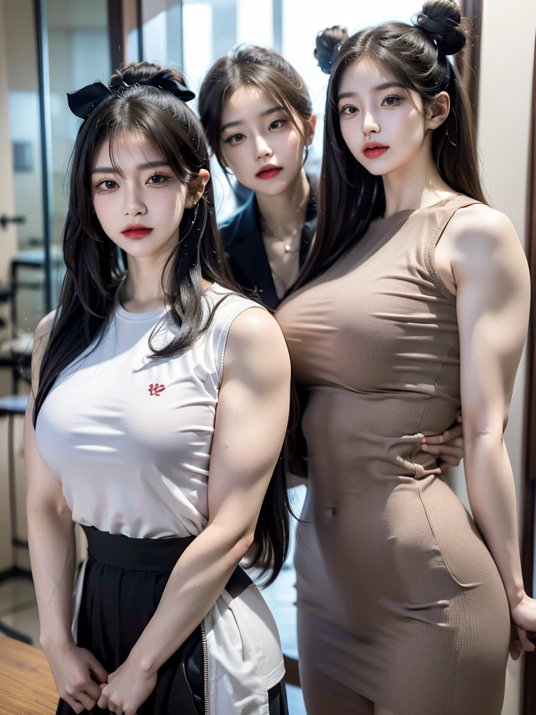 Four girls in school uniforms pose for a photo in front of a mirror，jitome，Tentacle hair，Strong muscles，Strong shoulders，Strong body，Expressionless eyes，Drooling and，Three White，Red Eye，，Bow your head，Gray hair.Gray long hair，White hair，There are no shoulder straps，Black clothes，flat chest，Angry expression，,Look at the audience，avatar，portrait，Smirk,cruel korean goth girl, korean girl, Gray long hair飘逸，The feeling of the wind blowing，avatar，portrait，Gray light，Bangs covering eyes，Flowing hair，Show your arms