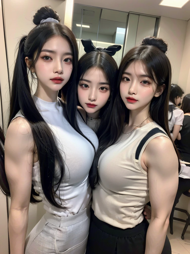 Four girls in school uniforms pose for a photo in front of a mirror，jitome，Tentacle hair，Strong muscles，Strong shoulders，Strong body，Expressionless eyes，Drooling and，Three White，Red Eye，，Bow your head，Gray hair.Gray long hair，White hair，There are no shoulder straps，Black clothes，flat chest，Angry expression，,Look at the audience，avatar，portrait，Smirk,cruel korean goth girl, korean girl, Gray long hair飘逸，The feeling of the wind blowing，avatar，portrait，Gray light，Bangs covering eyes，Flowing hair，Show your arms