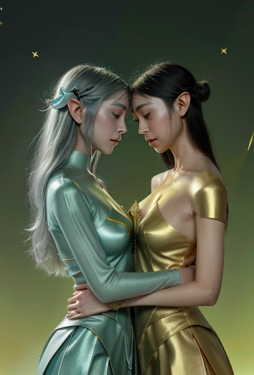 two elf  princesses are hugging each other in a picture with a green background and a gold background by WLOP - Emotional cyberpunk fantasy in WLOP-Style: Bioluminescent, Soft, Dreamy style with detailed characters featuring a smooth mixture of sharp jewelry in blue, black, and silver hues. Utilizes extremely thin brush strokes and light brush treatment. The characters exhibit delicate Asian features with mature elven proportions, such as a soft jawline. The artwork includes star and diamond motifs with a blurred, dark, [deep green and yellow background], creating a sense of peace and mystery. Sacred geometric figures drawn with thin [dark gold] on a [deep green and yellow background] background, in a kaleidoscope-like arrangement
