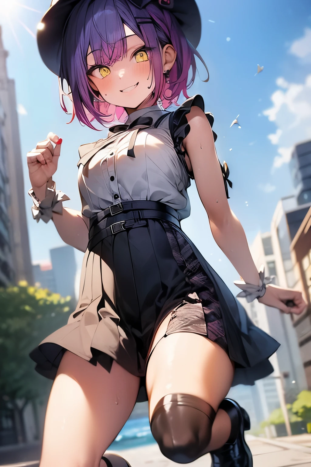 (detailed face), (yellow eyes,), smile, sweat, breasts, slim, girl, smille, frilled shirt, miniskirt, pleated skirt, Kneesocks, pumps, squat, spread legs, fiull body shot, lens flare, in focus with blurred background,