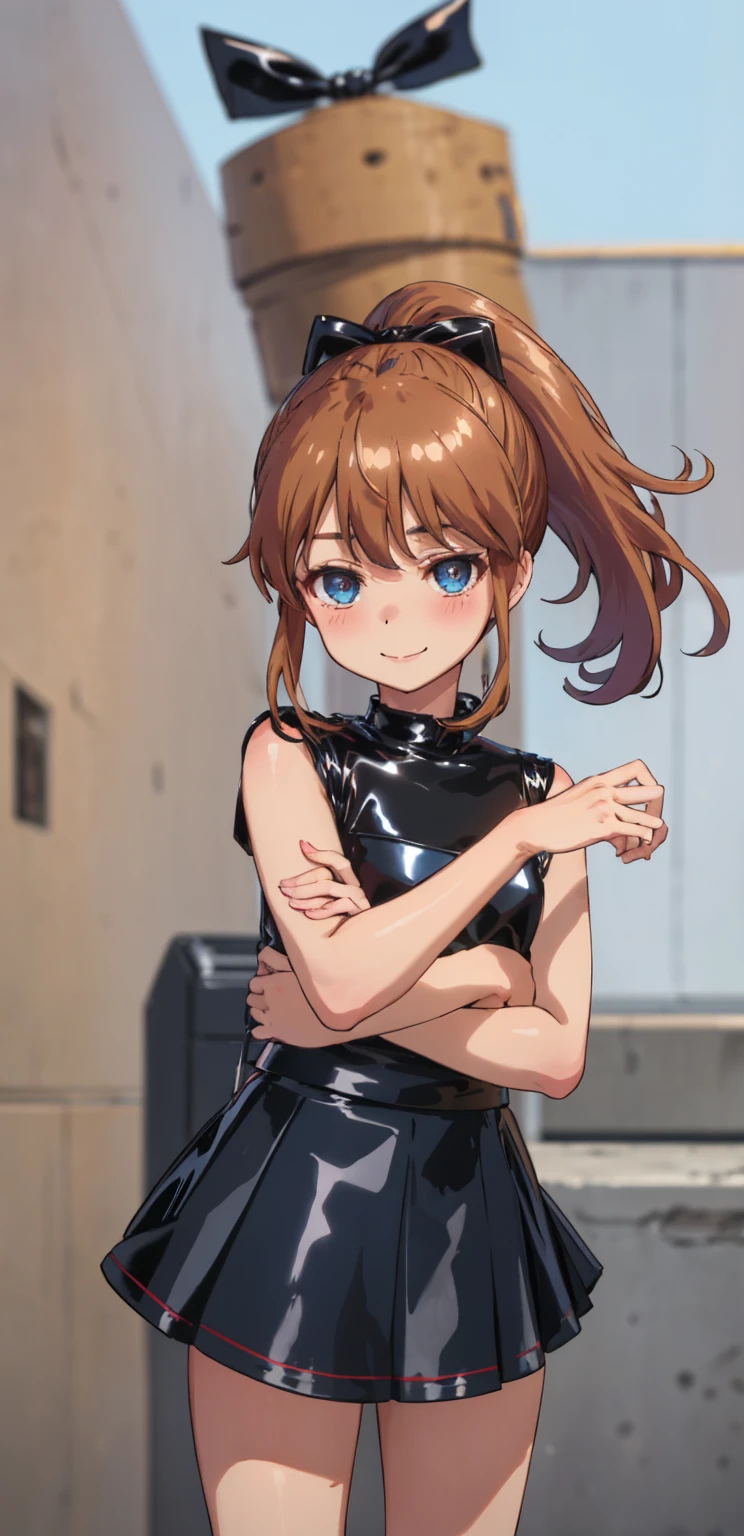 best quality, (masterpiece:1.2), highly detailed, standing, street,
1girl, solo, akatsuki minami,
looking at the viewer, closed mouth, smile, slight blush,
blue eyes, brown hair, ponytail, hair bow, sleeveless, ((dominant girl, latex skirt,  latex shirt)),(upper_body)