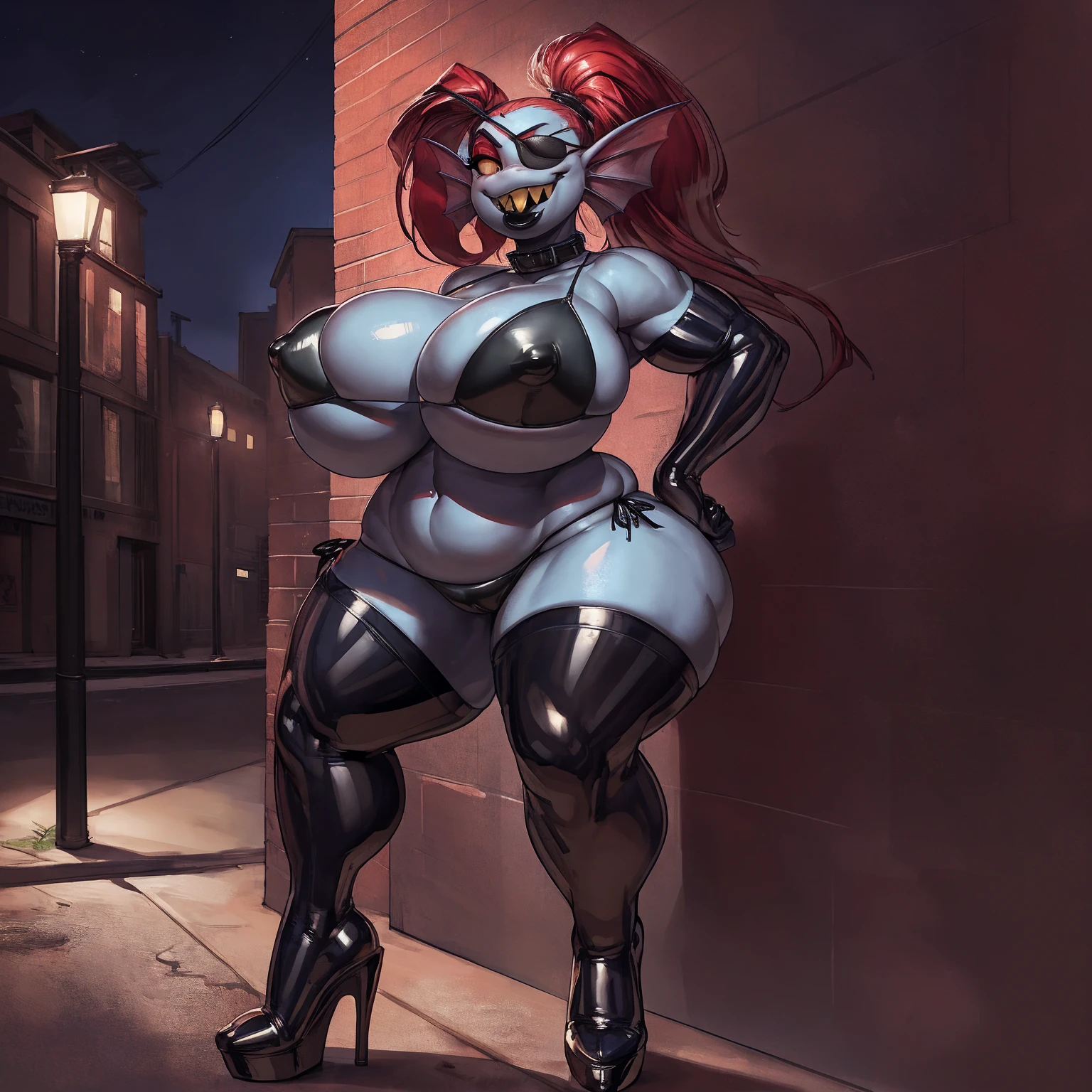 solo, 1girl, undyne, blue skin, female, milf, older, (huge breasts:1.1), wide hips, (big bottom lip:1.3), (black lip gloss:1.3), black leather collar, blue eyeshadow, thick, stocky, (black latex bikini top:1.6), (black latex miniskirt:1.4), (nipple outline:0.8), (black heels:1.4), (street corner:1.4), hands on hips, late night, street light, standing upright, very tall, yellow teeth, sharp teeth, laughing, black eye patch, looking at viewer, by darkgem, by kevinsano, by BNG,