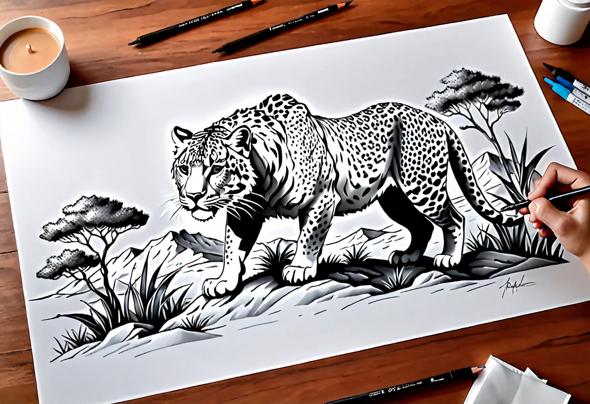 Sur une feuille de papier posé sur une table,  format paysage, Dessiner une figurine 4D de style encre uhd époustouflante et à couper le souffle d’Un maginifique guépard majestueux, regard intense, décors de savane, effet holographique qui semble sortir de la feuille de dessin, dessin extrêmement détaillé, hyperréaliste, Des détails sublimes. Un travail vraiment remarquable, travail joyeux et sensuel, (proportions parfaites, masterpiece, hyperRéaliste, masterpiece, superior quality, high resolution, Extremely detailed, highly detailed 8K wallpaper, détails fractales)