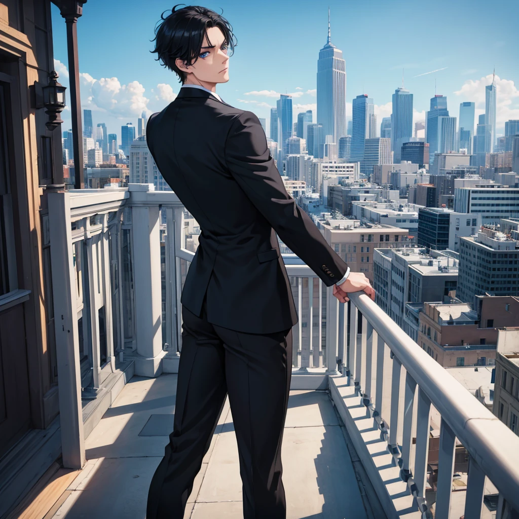 1boy, short black hair, blue eyes, wearing all black suits, on top of a building, high res, ultrasharp, 8k, masterpiece, looking at viewer from behind