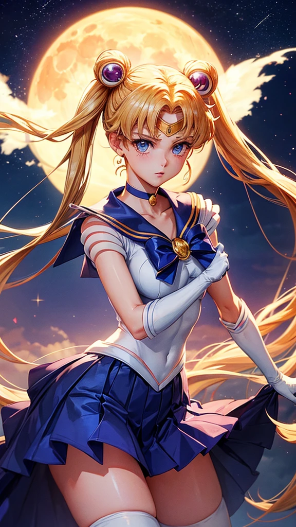 Sure, here is a detailed and high-quality AI image generation prompt in English for creating a scene from the Japanese anime "Sailor Moon" where the heroine says her famous line "In the name of the moon, I'll punish you!"
---
**Prompt:**
Create a high-resolution, detailed image of the iconic scene from the Japanese anime "Sailor Moon" where the main heroine, Sailor Moon, says her famous line, "In the name of the moon, I'll punish you!"
Key details to include:
1. **Character Design**: Sailor Moon should have her signature long blonde twin tails (odango hairstyle) with red bows. She is wearing her classic sailor-style costume: a white bodice with a blue collar and blue skirt, red knee-high boots, white gloves with red cuffs, a red choker, and a red bow on her chest with a golden brooch in the center. She has a crescent moon symbol on her forehead and large, expressive blue eyes.
2. **Pose**: Sailor Moon is standing confidently with one hand on her hip and the other pointing forward as she declares her line. Her facial expression is determined and righteous.
3. **Background**: The background should depict a nighttime scene with a full moon shining brightly in the sky, casting a soft glow around Sailor Moon. There may be some cityscape elements in the distance, with a hint of a starry sky.
4. **Lighting and Effects**: The lighting should highlight Sailor Moon, making her the focal point of the image. There should be a magical aura or sparkles surrounding her to emphasize her transformation and the power of her declaration.
5. **Text**: Include the text "In the name of the moon, I'll punish you!" in a dynamic, bold font, positioned in a way that complements the composition of the image, preferably at the top or bottom of the image. Ensure the text is in English and matches the anime's style.
Use vibrant colors and anime-style shading to make the scene visually appealing and true to the original art style of "Sailor Moon."
---
This prompt should provide a comp