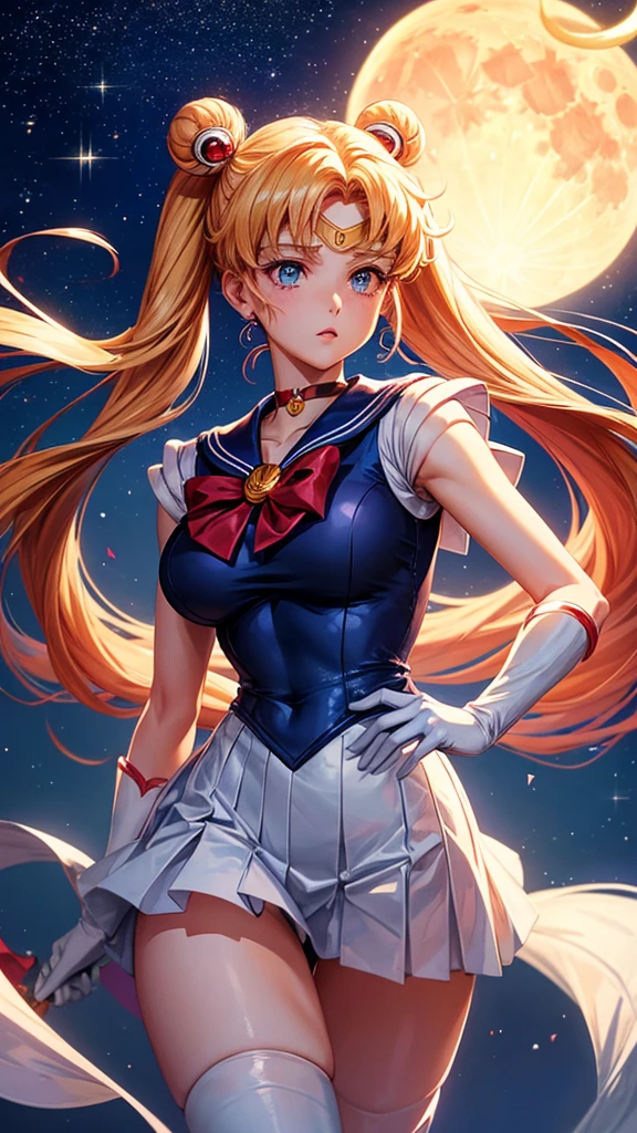 Sure, here is a detailed and high-quality AI image generation prompt in English for creating a scene from the Japanese anime "Sailor Moon" where the heroine says her famous line "In the name of the moon, I'll punish you!"

---

**Prompt:**

Create a high-resolution, detailed image of the iconic scene from the Japanese anime "Sailor Moon" where the main heroine, Sailor Moon, says her famous line, "In the name of the moon, I'll punish you!" 

Key details to include:
1. **Character Design**: Sailor Moon should have her signature long blonde twin tails (odango hairstyle) with red bows. She is wearing her classic sailor-style costume: a white bodice with a blue collar and blue skirt, red knee-high boots, white gloves with red cuffs, a red choker, and a red bow on her chest with a golden brooch in the center. She has a crescent moon symbol on her forehead and large, expressive blue eyes.

2. **Pose**: Sailor Moon is standing confidently with one hand on her hip and the other pointing forward as she declares her line. Her facial expression is determined and righteous.

3. **Background**: The background should depict a nighttime scene with a full moon shining brightly in the sky, casting a soft glow around Sailor Moon. There may be some cityscape elements in the distance, with a hint of a starry sky.

4. **Lighting and Effects**: The lighting should highlight Sailor Moon, making her the focal point of the image. There should be a magical aura or sparkles surrounding her to emphasize her transformation and the power of her declaration.

5. **Text**: Include the text "In the name of the moon, I'll punish you!" in a dynamic, bold font, positioned in a way that complements the composition of the image, preferably at the top or bottom of the image. Ensure the text is in English and matches the anime's style.

Use vibrant colors and anime-style shading to make the scene visually appealing and true to the original art style of "Sailor Moon."

---

This prompt should provide a comp