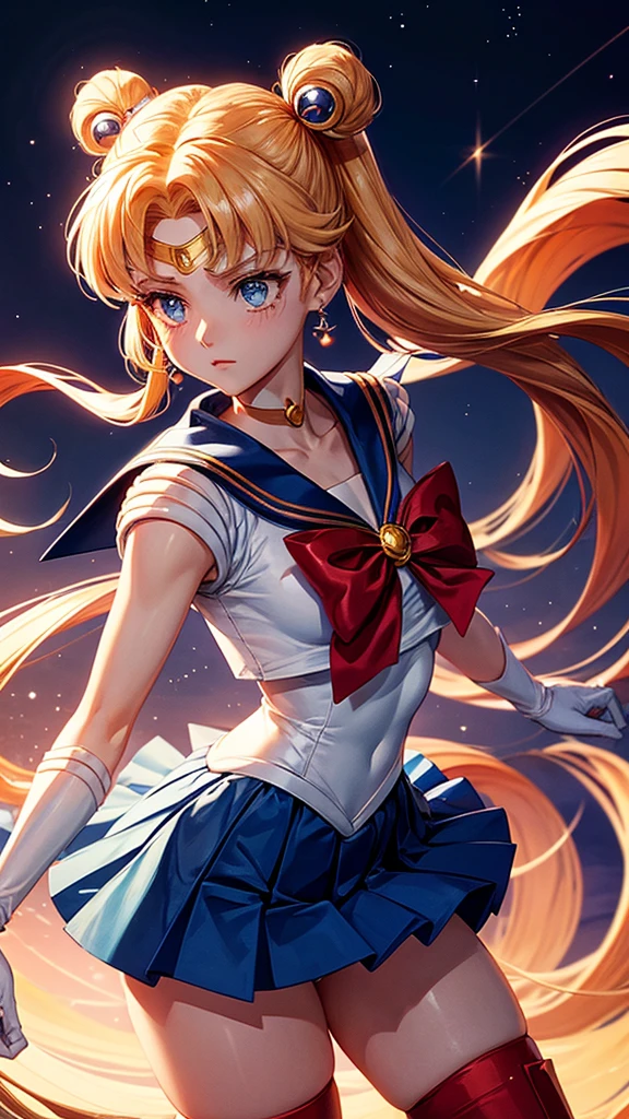 Sure, here is a detailed and high-quality AI image generation prompt in English for creating a scene from the Japanese anime "Sailor Moon" where the heroine says her famous line "In the name of the moon, I'll punish you!"

---

**Prompt:**

Create a high-resolution, detailed image of the iconic scene from the Japanese anime "Sailor Moon" where the main heroine, Sailor Moon, says her famous line, "In the name of the moon, I'll punish you!" 

Key details to include:
1. **Character Design**: Sailor Moon should have her signature long blonde twin tails (odango hairstyle) with red bows. She is wearing her classic sailor-style costume: a white bodice with a blue collar and blue skirt, red knee-high boots, white gloves with red cuffs, a red choker, and a red bow on her chest with a golden brooch in the center. She has a crescent moon symbol on her forehead and large, expressive blue eyes.

2. **Pose**: Sailor Moon is standing confidently with one hand on her hip and the other pointing forward as she declares her line. Her facial expression is determined and righteous.

3. **Background**: The background should depict a nighttime scene with a full moon shining brightly in the sky, casting a soft glow around Sailor Moon. There may be some cityscape elements in the distance, with a hint of a starry sky.

4. **Lighting and Effects**: The lighting should highlight Sailor Moon, making her the focal point of the image. There should be a magical aura or sparkles surrounding her to emphasize her transformation and the power of her declaration.

5. **Text**: Include the text "In the name of the moon, I'll punish you!" in a dynamic, bold font, positioned in a way that complements the composition of the image, preferably at the top or bottom of the image. Ensure the text is in English and matches the anime's style.

Use vibrant colors and anime-style shading to make the scene visually appealing and true to the original art style of "Sailor Moon."

---

This prompt should provide a comp