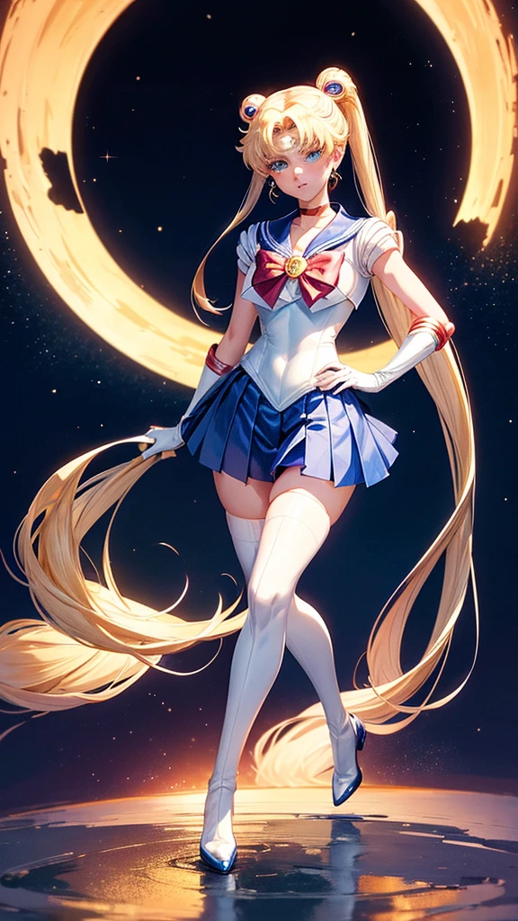 Sure, here is a detailed and high-quality AI image generation prompt in English for creating a scene from the Japanese anime "Sailor Moon" where the heroine says her famous line "In the name of the moon, I'll punish you!"
---
**Prompt:**
Create a high-resolution, detailed image of the iconic scene from the Japanese anime "Sailor Moon" where the main heroine, Sailor Moon, says her famous line, "In the name of the moon, I'll punish you!"
Key details to include:
1. **Character Design**: Sailor Moon should have her signature long blonde twin tails (odango hairstyle) with red bows. She is wearing her classic sailor-style costume: a white bodice with a blue collar and blue skirt, red knee-high boots, white gloves with red cuffs, a red choker, and a red bow on her chest with a golden brooch in the center. She has a crescent moon symbol on her forehead and large, expressive blue eyes.
2. **Pose**: Sailor Moon is standing confidently with one hand on her hip and the other pointing forward as she declares her line. Her facial expression is determined and righteous.
3. **Background**: The background should depict a nighttime scene with a full moon shining brightly in the sky, casting a soft glow around Sailor Moon. There may be some cityscape elements in the distance, with a hint of a starry sky.
4. **Lighting and Effects**: The lighting should highlight Sailor Moon, making her the focal point of the image. There should be a magical aura or sparkles surrounding her to emphasize her transformation and the power of her declaration.
5. **Text**: Include the text "In the name of the moon, I'll punish you!" in a dynamic, bold font, positioned in a way that complements the composition of the image, preferably at the top or bottom of the image. Ensure the text is in English and matches the anime's style.
Use vibrant colors and anime-style shading to make the scene visually appealing and true to the original art style of "Sailor Moon."
---
This prompt should provide a comp