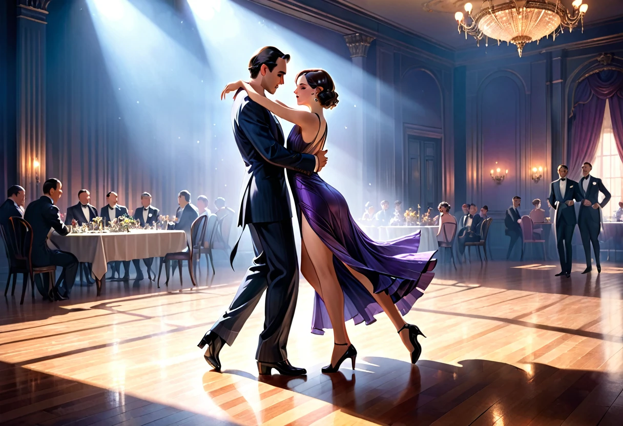 (best quality,8k,masterpiece:1.2),ultra-detailed,(realistic,photorealistic,photo-realistic:1.37),digital art, concept art, cinematic lighting, a man and woman dancing tango, art deco ballroom, 1920s, man facing forward, woman facing away from viewer, dancing the tango, woman is wearing a purple long dress with slit, small stars are shining in the dark blue sky, dimly lit room, and shadows are cast on the eye sockets, making it impossible to read their expressions, detailed facial features, beautiful dress, formal attire, natural lighting, warm color palette,