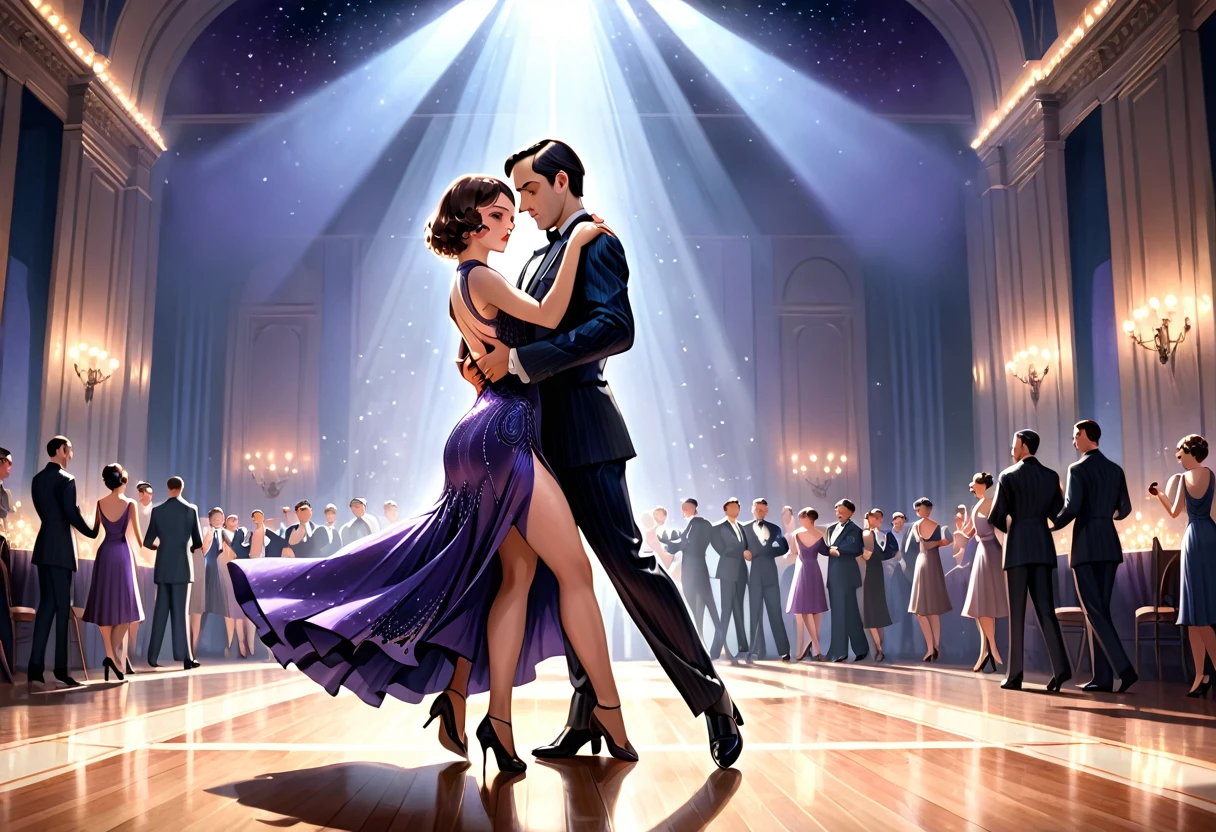(best quality,8k,masterpiece:1.2),ultra-detailed,(realistic,photorealistic,photo-realistic:1.37),digital art, concept art, cinematic lighting, a man and woman dancing tango, art deco ballroom, 1920s, man facing forward, woman facing away from viewer, dancing the tango, woman is wearing a purple long dress with slit, small stars are shining in the dark blue sky, dimly lit room, and shadows are cast on the eye sockets, making it impossible to read their expressions, detailed facial features, beautiful dress, formal attire, natural lighting, warm color palette,