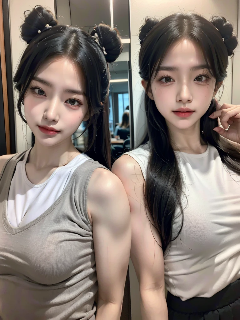 Four girls in school uniforms pose for a photo in front of a mirror，jitome，Tentacle hair，Strong muscles，Strong shoulders，Strong body，Expressionless eyes，，Bow your head，Gray hair.Gray long hair，White hair，There are no shoulder straps，Black clothes，（Flat chest 1.2），Angry expression，,Look at the audience，avatar，portrait，Smirk,cruel korean goth girl, korean girl, Gray long hair飘逸，The feeling of the wind blowing，avatar，portrait，，Bangs covering eyes，Flowing hair，Show your arms