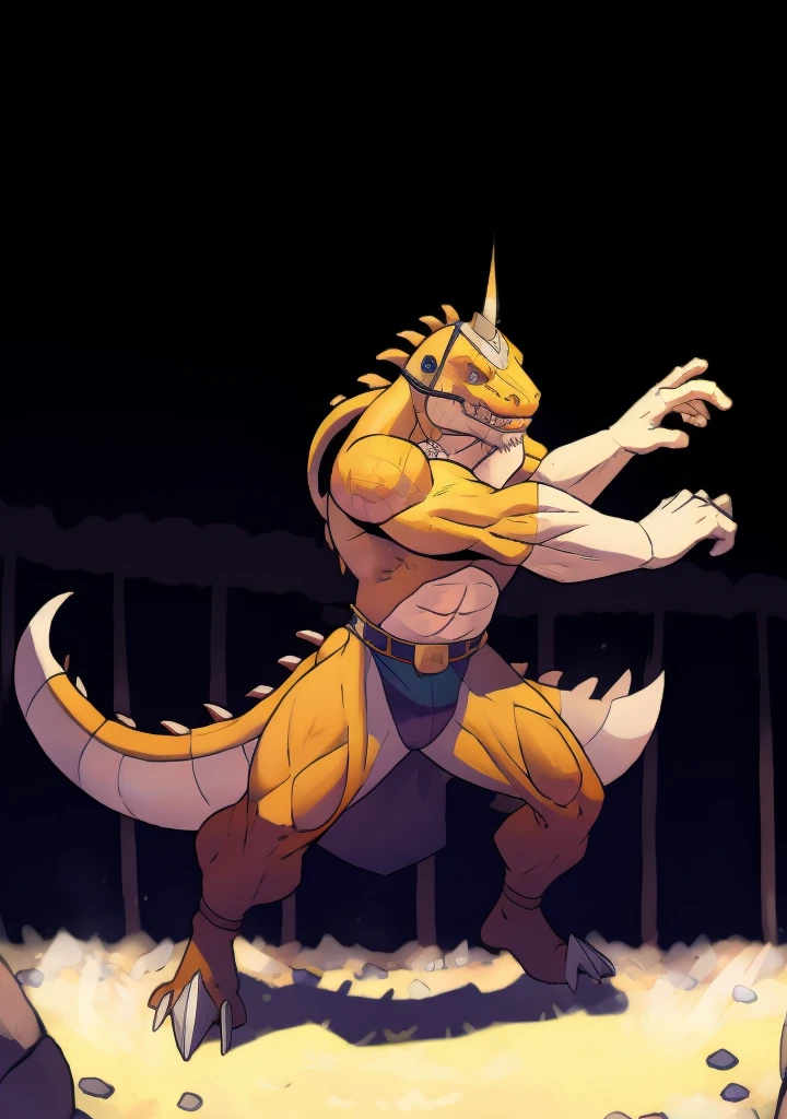 a reptilian with a fish-like helmet engaged in combat in an arena