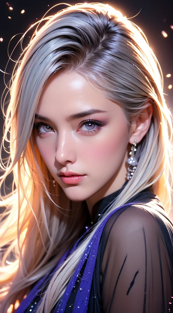 Best quality, Masterpiece, (Realistic:1.2), 1 girl, Detailed face, Beautiful eyes, (Masterpiece:1.2, Best quality), (fine detailed beautiful eyes: 1.2), (Extremely detailed Cg Unity 8K wallpaper, Masterpiece, Best quality, Ultra-detailed, Best shadow), (Detailed background), (Beautiful detailed face, Beautiful detailed eyes), High contrast, (Best illumination, An extremely delicate and beautiful),1girll,((colourful paint splashes on transparent background, Dulux,)), Dynamic Angle, beautiful detailed glow, full bodyesbian, Cowboy shot, White hair, Purple eyes, Best quality, Masterpiece, (Realistic:1.2), lotus flower, Glowing, In the night sky, Full of stars, The is very detailed, Ultra-high resolution, Ultra-high quality,