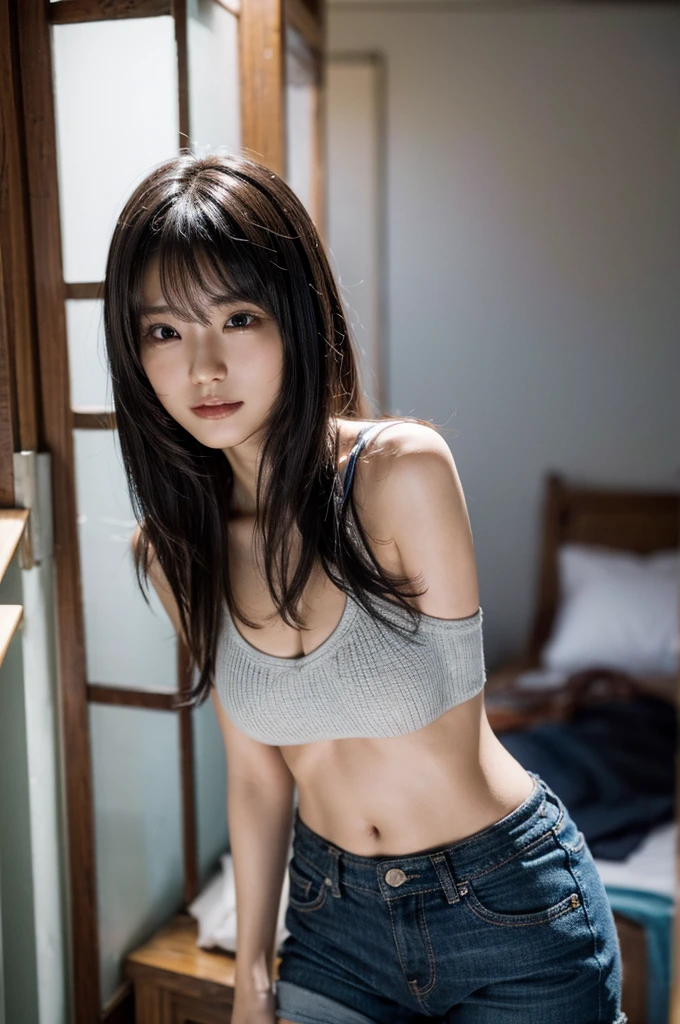 1girl, solo, (22 years old), japanese idol, black hair, closed mouth, (smiling:0.9), (medium :0.95), small hips, slender, (cowboy shot:1.2), (gravure pose:1.2), (short pants), (from below:1.3), (from front), panty f looking away,
(8k:1.27), best quality, masterpiece, (ultra highres:1.2), (beautiful detailed eyes, long eyelashes, double eyelid), high detail, detailed hairstyle, detailed face, hyper realistic,