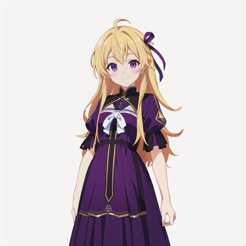 Highest quality, high resolution, High quality anime art style, Official Art, Smooth anime CG art, Stylized anime, Cute 3D anime girl render, Visual Novel Sprites, White background, whole body, Anime-style 3D, Smooth anime CG art, Humanoid Girl, JRPG Characters, Anime girl with long hair and purple dress with ribbon, smile, Golden Hair, Long Hair, Lori, Small Bust, Small breasts, 