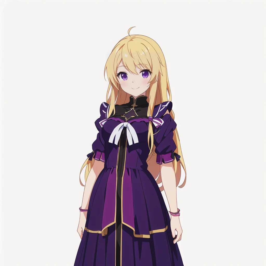 Highest quality, high resolution, High quality anime art style, Official Art, Smooth anime CG art, Stylized anime, Cute 3D anime girl render, Visual Novel Sprites, White background, whole body, Anime-style 3D, Smooth anime CG art, Humanoid Girl, JRPG Characters, Anime girl with long hair and purple dress with ribbon, smile, Golden Hair, Long Hair, Lori, Small Bust, Small breasts, 15 years old