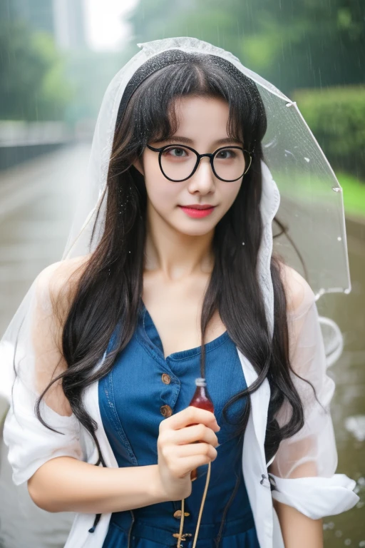 Highest quality、masterpiece、High sensitivity、High resolution、Detailed Description、Slim Body、Glasses、In the sudden rain、Clothes are wet and see-through、My hair gets wet from the rain、
