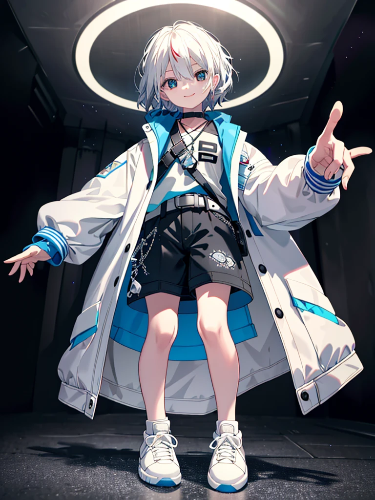 ,(Masterpiece, Best quality:1.1),solo, Aladdin_maggie, Evil smile,White jacket, Casual style,Open jacket, belt, Cowboy shot、solo、Fluttering hair、White color hair、a small face、hason、Bright smile、(parka、Finger gloves、White sneakers)、(Fine fingers、human hand)、(Detailed face) 、(top-quality: 1.4、tmasterpiece、 hyper HD、 Top resolution,、The is very detailed、 profesional lighting、 Gray light illumination、low angle from below