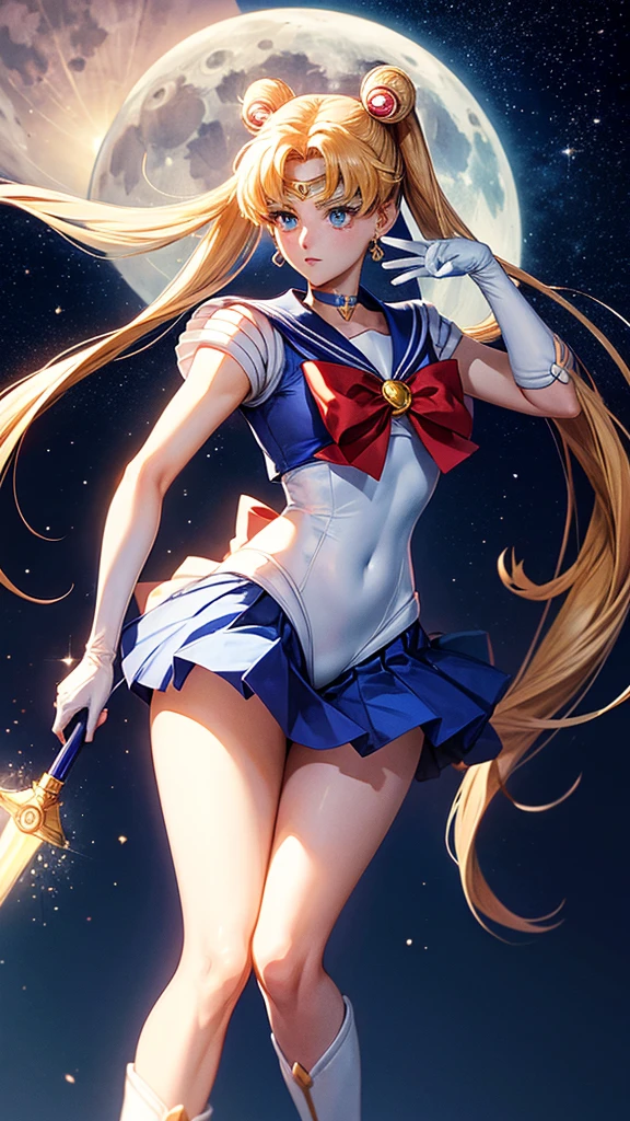 Sure, here is a detailed and high-quality AI image generation prompt in English for creating a scene from the Japanese anime "Sailor Moon" where the heroine says her famous line "In the name of the moon, I'll punish you!"

---

**Prompt:**

Create a high-resolution, detailed image of the iconic scene from the Japanese anime "Sailor Moon" where the main heroine, Sailor Moon, says her famous line, "In the name of the moon, I'll punish you!" 

Key details to include:
1. **Character Design**: Sailor Moon should have her signature long blonde twin tails (odango hairstyle) with red bows. She is wearing her classic sailor-style costume: a white bodice with a blue collar and blue skirt, red knee-high boots, white gloves with red cuffs, a red choker, and a red bow on her chest with a golden brooch in the center. She has a crescent moon symbol on her forehead and large, expressive blue eyes.

2. **Pose**: Sailor Moon is standing confidently with one hand on her hip and the other pointing forward as she declares her line. Her facial expression is determined and righteous.

3. **Background**: The background should depict a nighttime scene with a full moon shining brightly in the sky, casting a soft glow around Sailor Moon. There may be some cityscape elements in the distance, with a hint of a starry sky.

4. **Lighting and Effects**: The lighting should highlight Sailor Moon, making her the focal point of the image. There should be a magical aura or sparkles surrounding her to emphasize her transformation and the power of her declaration.

5. **Text**: Include the text "In the name of the moon, I'll punish you!" in a dynamic, bold font, positioned in a way that complements the composition of the image, preferably at the top or bottom of the image. Ensure the text is in English and matches the anime's style.

Use vibrant colors and anime-style shading to make the scene visually appealing and true to the original art style of "Sailor Moon."

---

This prompt should provide a comp