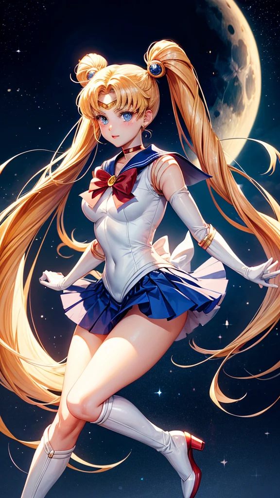 Sure, here is a detailed and high-quality AI image generation prompt in English for creating a scene from the Japanese anime "Sailor Moon" where the heroine says her famous line "In the name of the moon, I'll punish you!"

---

Prompt:

Create a high-resolution, detailed image of the iconic scene from the Japanese anime "Sailor Moon" where the main heroine, Sailor Moon, says her famous line, "In the name of the moon, I'll punish you!" 

Key details to include:
1. Character Design: Sailor Moon should have her signature long blonde twin tails (odango hairstyle) with red bows. She is wearing her classic sailor-style costume: a white bodice with a blue collar and blue skirt, red knee-high boots, white gloves with red cuffs, a red choker, and a red bow on her chest with a golden brooch in the center. She has a crescent moon symbol on her forehead and large, expressive blue eyes.

2. Pose: Sailor Moon is standing confidently with one hand on her hip and the other pointing forward as she declares her line. Her  expression is determined and righteous.

3. Background: The background should depict a nighttime scene with a full moon shining brightly in the sky, casting a soft glow around Sailor Moon. There may be some cityscape elements in the distance, with a hint of a starry sky.

4. Lighting and Effects: The lighting should highlight Sailor Moon, making her the focal point of the image. There should be a magical aura or sparkles surrounding her to emphasize her transformation and the power of her declaration.

5. Text: Include the text "In the name of the moon, I'll punish you!" in a dynamic, bold font, positioned in a way that complements the composition of the image, preferably at the top or bottom of the image. Ensure the text is in English and matches the anime's style.

Use vibrant colors and anime-style shading to make the scene visually appealing and true to the original art style of "Sailor Moon."

---

This prompt should provide a comp