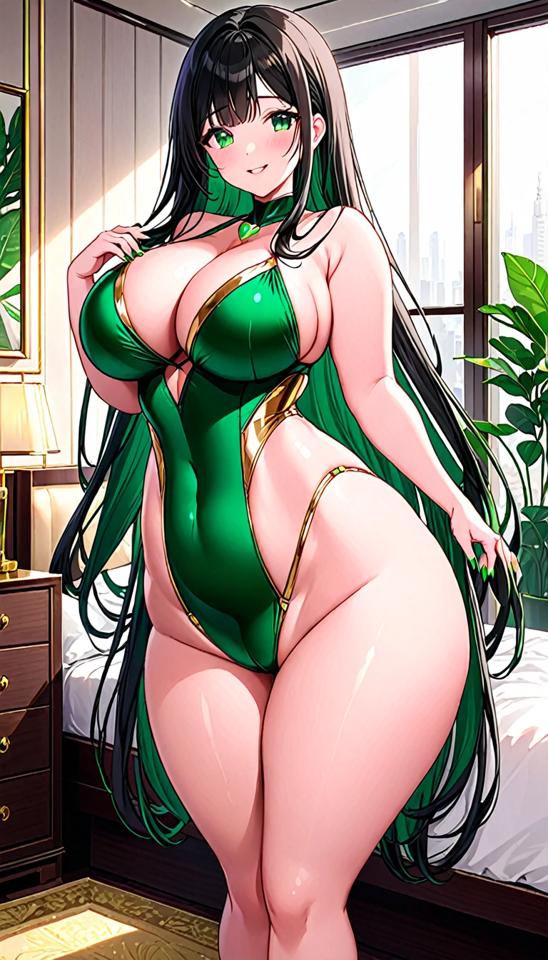 (((highly detailed))), (((high quality))), (((masterpiece))), (((beautiful))), (((full shot, back side view))), emily, (((by drogod))), athletic female, 5 fingers, 5 toes, big butt, large ass, white body, totally white skin, pale skin, emerald green nails, emerald green eyes, emerald green lipstick, eyelashes, eyeliner, black hair, black eyebrowns, thin eyebrowns, very long hair, ass length hair, Ironed hair, hair on the forehead, bubble ass, busty, butt, emerald green highleg one pice swimsuit with gold strip, cleavage, feet detail, fingers, humanoid feet, humanoid hands, horny face, in love to the viewer, large bum, looking at viewer, nails, partially visible vulva, protective mother countenance, pose, (((standing))), sensual eye, bedroom eyes, sensual body, smile, soles, soft soles, arched soles, tiptoes, feet blush, sole blush, solo, sheap space, lying up, feet up, thick thighs, thighs together, toes, (((voluptuous))), large thigs, (((high thighs))), (((high hips))), wide hips, curvy figure, curvaceous, absurd res, hi res, signature, in a spaceship next to a large window space