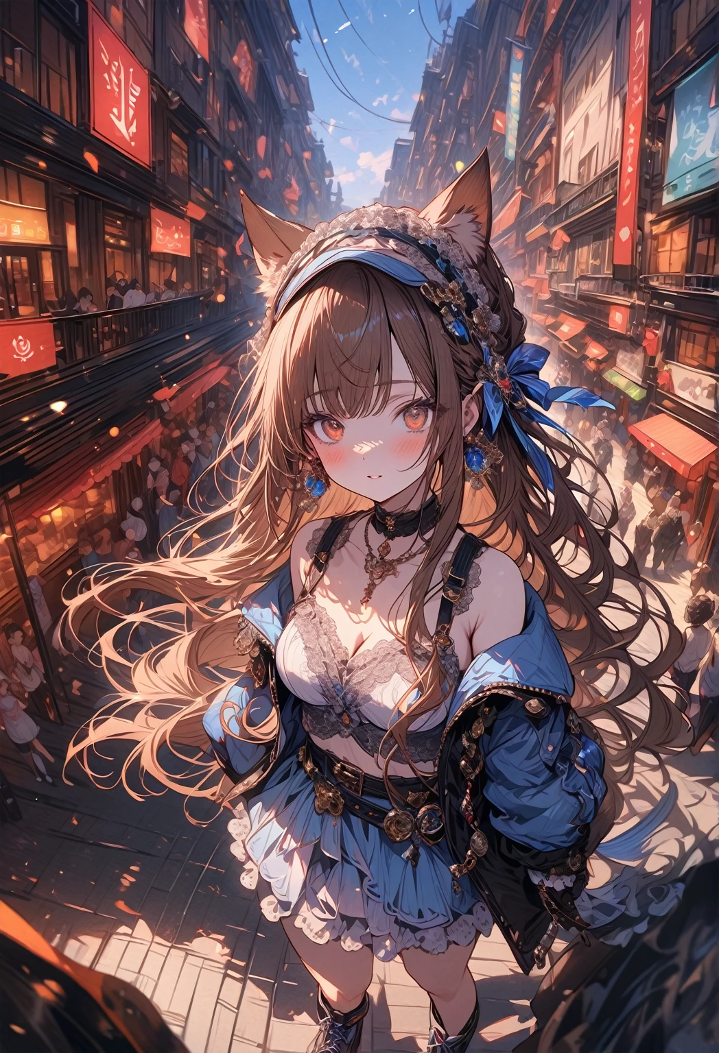 ((masterpiece:0), best quality, very aesthetic, newest, absurdres, detailed, high quality)
BREAK
highest quality, top quality, details, highres, ultra fine painting, digital art, official art, cinematic, 4k, 8k resolution, 8K CG wallpaper, CG, original artwork, detailed background, colorful background, blue atmosphere, High Dynamic Range, blurry background, blue hour, Starburst effects, crepuscular rays, good ISO, high resolution, wide shot, from far away, RAW photo, POV, sharp focus, light reflection, reflections, intricate details, soft light, particle noise, professional photography, bokeh, depth of field, natural lighting, vibrant colors, looking away, detailed lights and shadows, stylish, ultra-detailed, top rated on Pixiv, trending on Artstation, niji style, modern-days, master crafted, pose
BREAK
solo, 1girl, pale skin, correct fingers, detailed hair, (medium big breasts:1.2), big thighs, short torso, short body, flushtered, blush, anxious expression, casual, slim, ((cute, childlike face):1.3), nice hips, nice body, brown hair, (long flowing hair:1.1), big 2 buns hairstyle, long bangs, long hair, middle hair bangs, brown eyes
BREAK
((colorful outfit), off shoulder crop top, short skirt, headphone, jacket, casual cap, belts, straps, choker, gloves, boots, (stockings), garterbelt, accessories, outfit ornaments, sneakers, kemonomimi, 1 tail, correct tail, (full body)), (((from above, POV shot, close up))) 
BREAK
a person walking down a street with a crowd of people, crowded street, crowded streets, in front of a large crowd, giant crowd, girl walking through city, people walking down a street