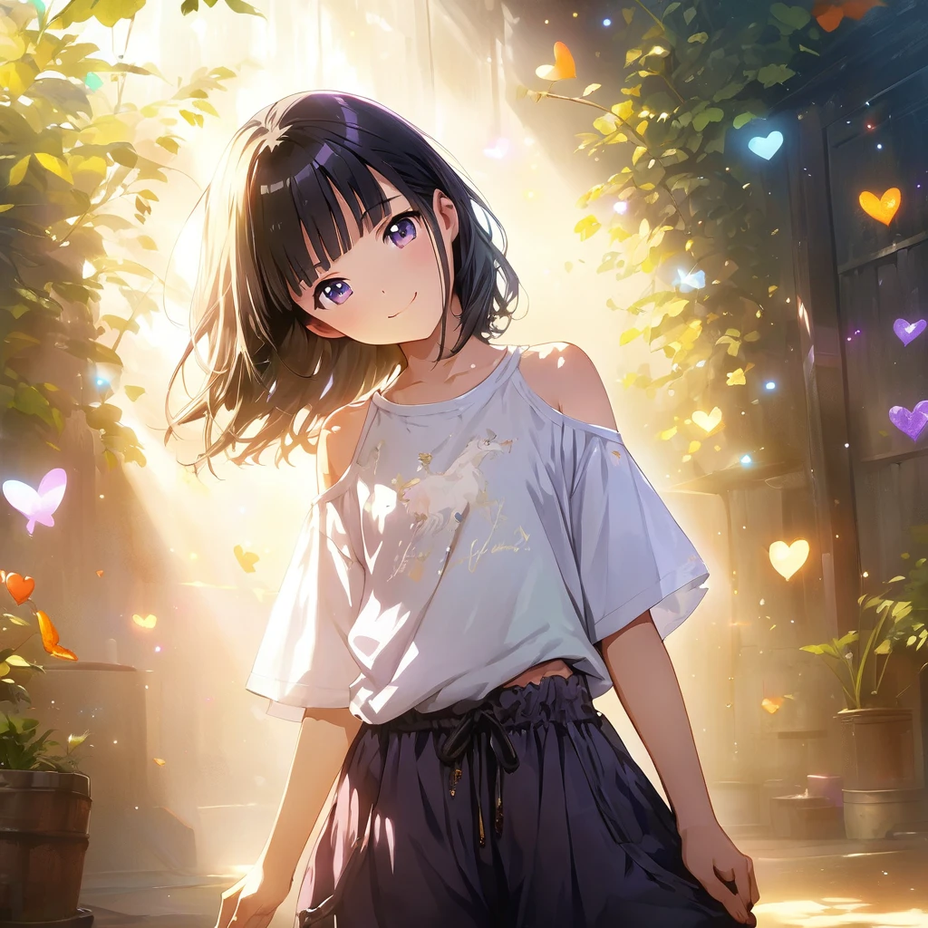 (Cute a girl:1.5), (T-shirts and baggy pants that reveal shoulders:1.1),(masterpiece:1.3), anime visual, (Lovey-dovey:1.5), (tilt head:1.3), extremely delicate face, realistic lighting and shading, (an extremely delicate and beautiful art:1.3),,smiling,pale purple wavy and blunt bangs hair,green and black eyes,smiling,from front,fullbody shot,full body shot,