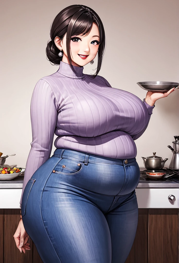 detailed illustration (side view),dynamic angle,ultra-detailed, illustration, pose for the camera, smiling at viewer, clean line art, shading, anime, 2020’s anime style, detailed eyes, detailed face, beautiful face,

1girl, mid 40’s year old Chinese American woman, during the day, in a fancy home, standing in the kitchen , wood paneled walls, beautiful dark wood floors, oriental rugs, obese and thicc,motherly and nurturing, silk waist-long dark hair, big round firm belly, 350 lbs+ weight, 6’ tall, strained purple sweater, soft smile, look cute, tight clothes, tight mom jeans, very wealthy looking, tall, grey eyes, anime eyes, thick thighs, large protruding belly, belly sag, thunder thighs, thighs always touching 