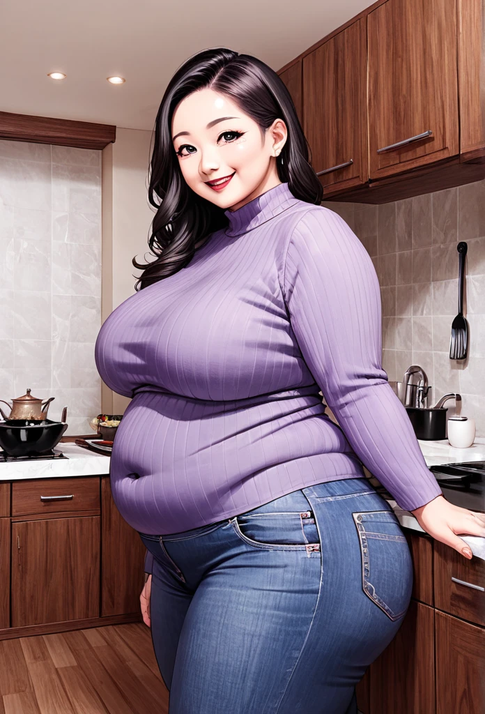 detailed illustration (side view),dynamic angle,ultra-detailed, illustration, pose for the camera, smiling at viewer, clean line art, shading, anime, 2020’s anime style, detailed eyes, detailed face, beautiful face,
1girl, mid 40’s year old Chinese American woman, during the day, in a fancy home, standing in the kitchen , wood paneled walls, beautiful dark wood floors, oriental rugs, obese and thicc,motherly and nurturing, silk waist-long dark hair, big round firm belly, 350 lbs+ weight, 6’ tall, strained purple sweater, soft smile, look cute, tight clothes, tight mom jeans, very wealthy looking, tall, grey eyes, anime eyes, thick thighs, large protruding belly, belly sag, thunder thighs, thighs always touching