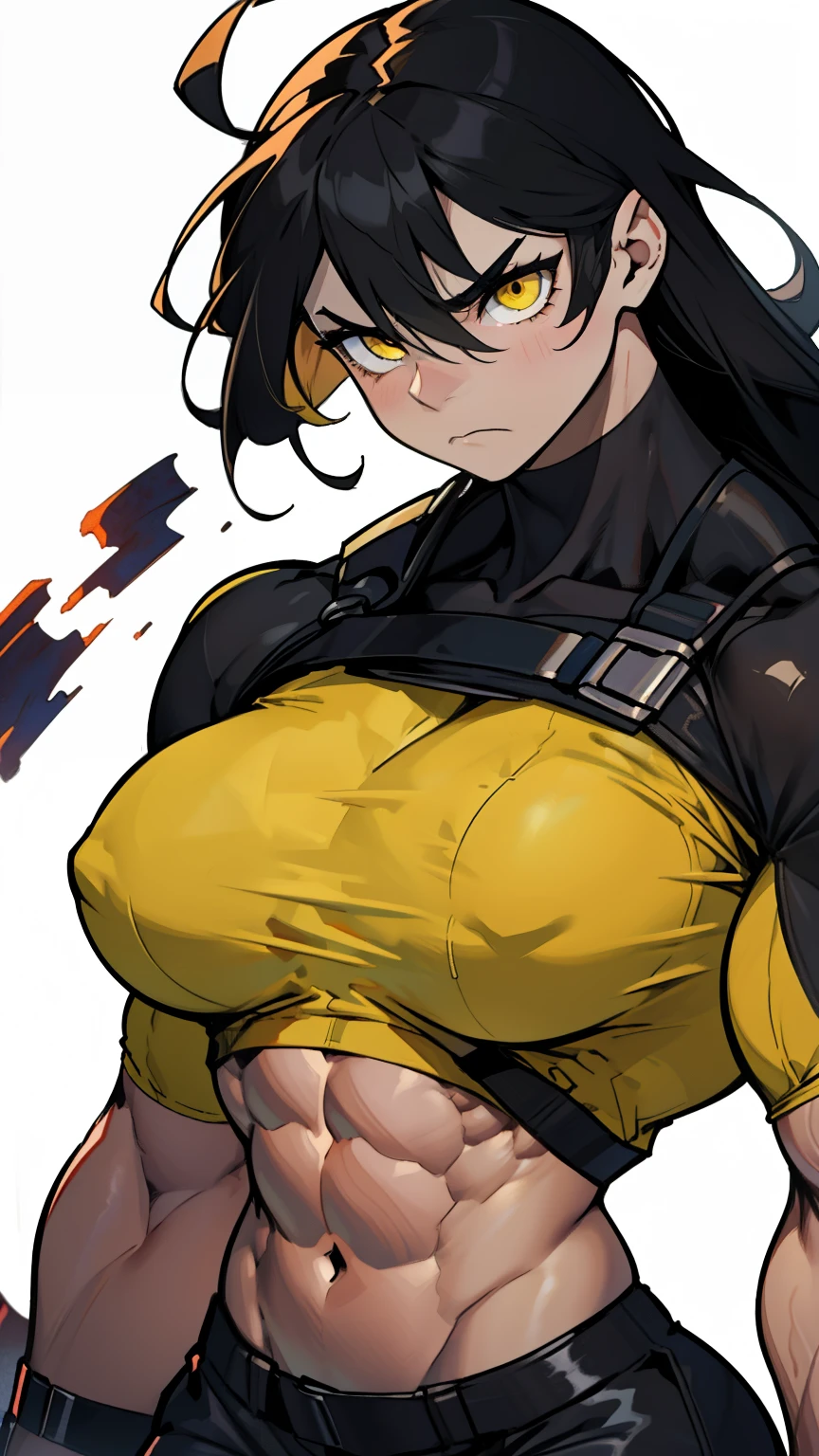 frown sad (((muscular girl toned body massive breasts))) yellow eyes hair between eyes pale skin black hair