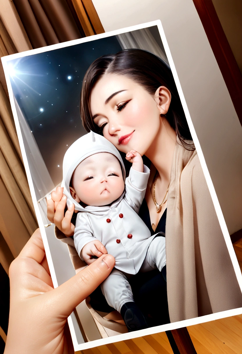 A strong slender sexy knight on light armour and magic particles around her holding her 5 years old son and cuddling her son very cutely nose to nose full body photo