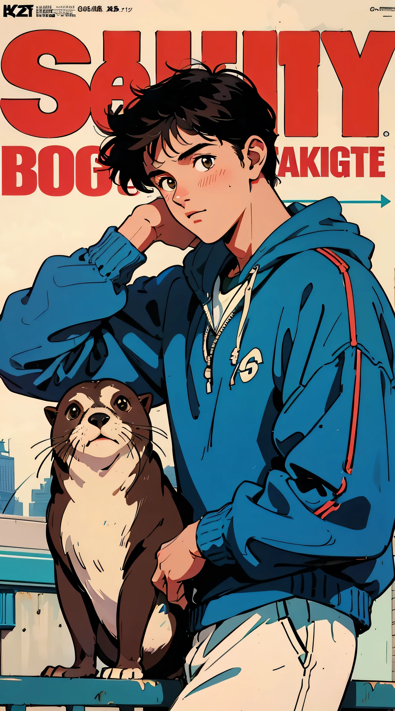 Best image quality, 1980s style animation, 21-year-old boy, black hair, light brown eyes,  With a baggy sweatshirt, magazine cover, whole body , city , posing, With a cute otter