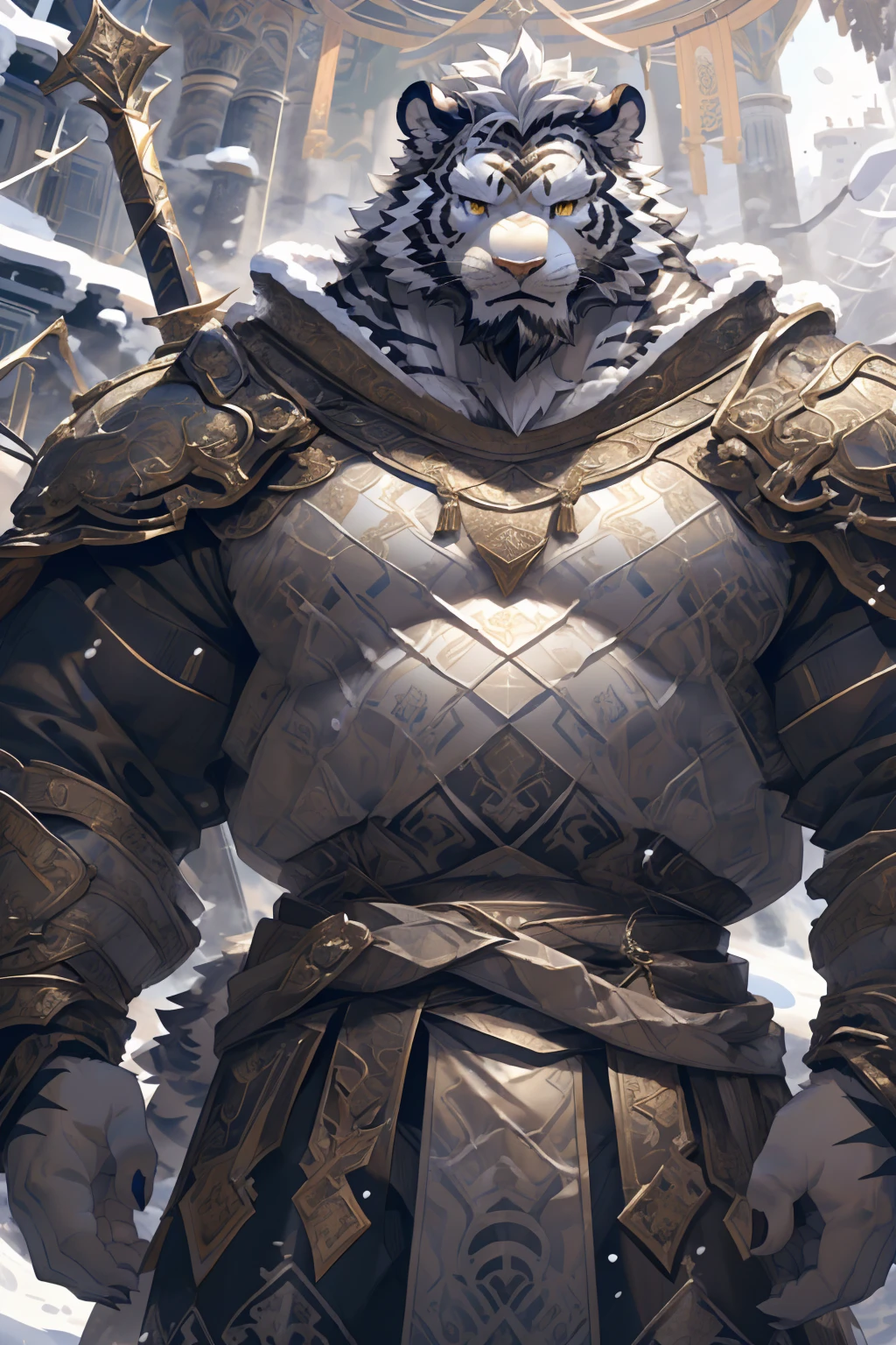 (White skintiger),(黑白阴阳Military commander战袍),(Holding a long sword),(Awesome posture:1.3),Standing quietly in,(The background is a city covered with ice and snow:1.5),(Abdominal muscles),Heroic飒爽,完美的masterpiece,Various facial details,Close-up view,specific description,masterpiece,(cg),(Golden Eyes),Black and white pattern,Black and white tail,Military commander,Heroic,tiger,Black and white fur,Detailed facial details,Half Body,(黑白阴阳Military commander战履),(Long feather),((middle aged)),(Face Focus),(16K),(HD),Black and white abdomen,temple,beard,(Face lines),(Heterochromia,),(Black and white yin and yang battle robe),(Black and white hair),(Strong:1.2),(muscle:1.3),(high resolution:1.3),(Standing in front of a city covered in snow),(Close up),(Detailed face:1.5),Perfect details,(Half Body),(Detailed depiction of the face:1.5),(Zoom in on the face:1.5),(白色Face lines:1.2),(黑色beard:1.3),(White face:1.6),(White body),(White skin,black strips:1.3),(White cheeks:1.5),(The skin color of the face is white:1.3),cg