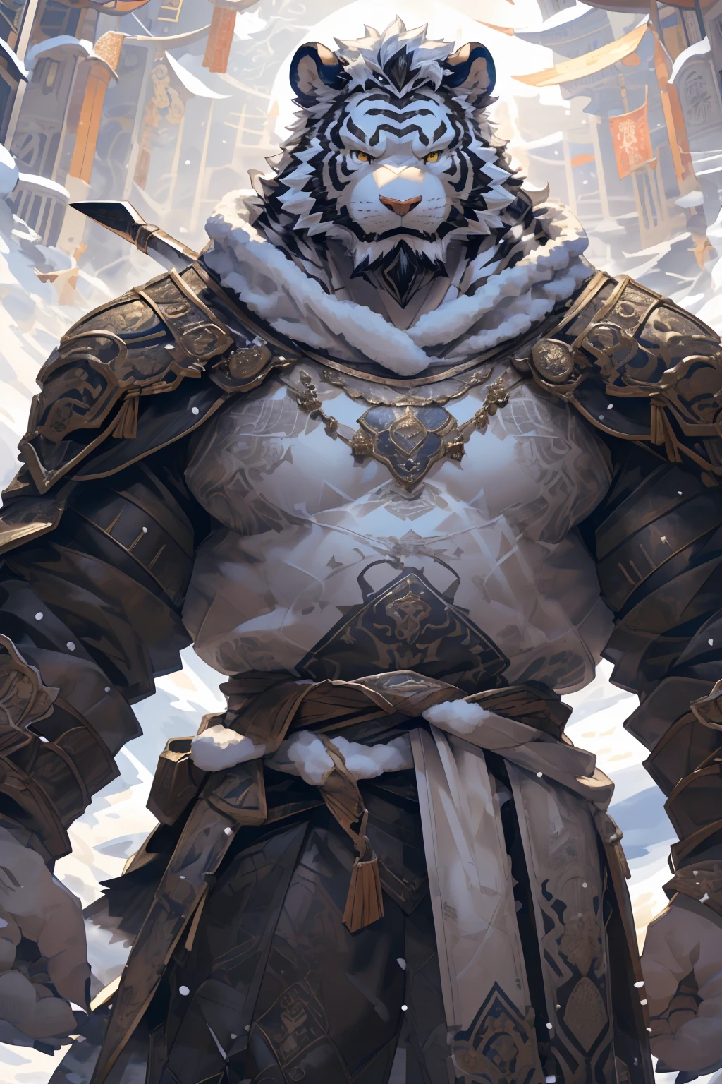 (White skintiger),(黑白阴阳Military commander战袍),(Holding a long sword),(Awesome posture:1.3),Standing quietly in,(The background is a city covered with ice and snow:1.5),(Abdominal muscles),Heroic飒爽,完美的masterpiece,Various facial details,Close-up view,specific description,masterpiece,(cg),(Golden Eyes),Black and white pattern,Black and white tail,Military commander,Heroic,tiger,Black and white fur，Detailed facial details,Half Body,(黑白阴阳Military commander战履),(Long feather),((middle aged)),(Face Focus),(16K),(HD),Black and white abdomen，temple，beard,(Face lines),(Heterochromia,),(Black and white yin and yang battle robe),(Black and white hair),(Strong:1.2),(muscle:1.3),(high resolution:1.3),(Standing in front of a city covered in snow),(Close up),(Detailed face:1.5)，Perfect details,(Half Body),(Detailed depiction of the face:1.5),(Zoom in on the face:1.5),(白色Face lines:1.2),(黑色beard:1.3),(White face:1.6),(White body),(White skin,black strips:1.3),(White cheeks:1.5),(The skin color of the face is white:1.3),cg