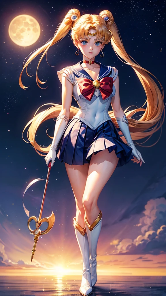 Sure, here is a detailed and high-quality AI image generation prompt in English for creating a scene from the Japanese anime "Sailor Moon" where the heroine says her famous line "In the name of the moon, I'll punish you!"

---

**Prompt:**

Create a high-resolution, detailed image of the iconic scene from the Japanese anime "Sailor Moon" where the main heroine, Sailor Moon, says her famous line, "In the name of the moon, I'll punish you!" 

Key details to include:
1. **Character Design**: Sailor Moon should have her signature long blonde twin tails (odango hairstyle) with red bows. She is wearing her classic sailor-style costume: a white bodice with a blue collar and blue skirt, red knee-high boots, white gloves with red cuffs, a red choker, and a red bow on her chest with a golden brooch in the center. She has a crescent moon symbol on her forehead and large, expressive blue eyes.

2. **Pose**: Sailor Moon is standing confidently with one hand on her hip and the other pointing forward as she declares her line. Her facial expression is determined and righteous.

3. **Background**: The background should depict a nighttime scene with a full moon shining brightly in the sky, casting a soft glow around Sailor Moon. There may be some cityscape elements in the distance, with a hint of a starry sky.

4. **Lighting and Effects**: The lighting should highlight Sailor Moon, making her the focal point of the image. There should be a magical aura or sparkles surrounding her to emphasize her transformation and the power of her declaration.

5. **Text**: Include the text "In the name of the moon, I'll punish you!" in a dynamic, bold font, positioned in a way that complements the composition of the image, preferably at the top or bottom of the image. Ensure the text is in English and matches the anime's style.

Use vibrant colors and anime-style shading to make the scene visually appealing and true to the original art style of "Sailor Moon."

---

This prompt should provide a comp