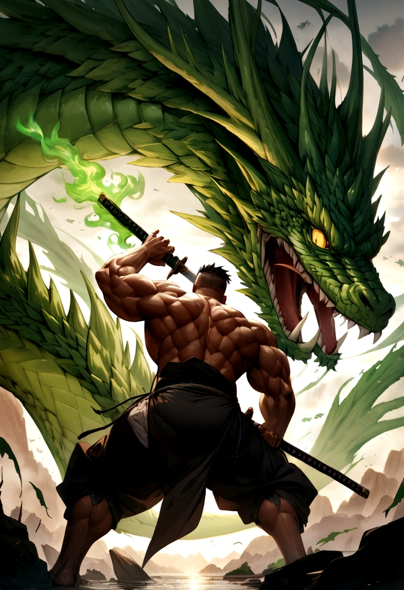 very muscular man cuts a green fire dragon in two with a Japanese katana