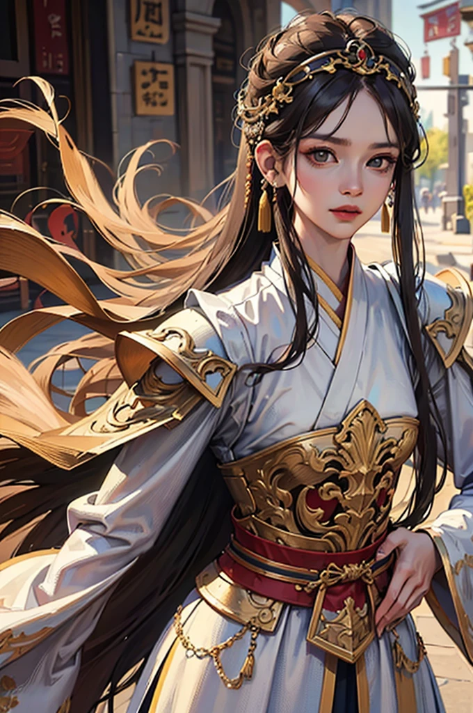 (masterpiece:1.2, best quality), (very detailed face, Real picture, realistic skin, realistic body, intricate details), alone, 1milf, Hanfu, Chinese armor,full body