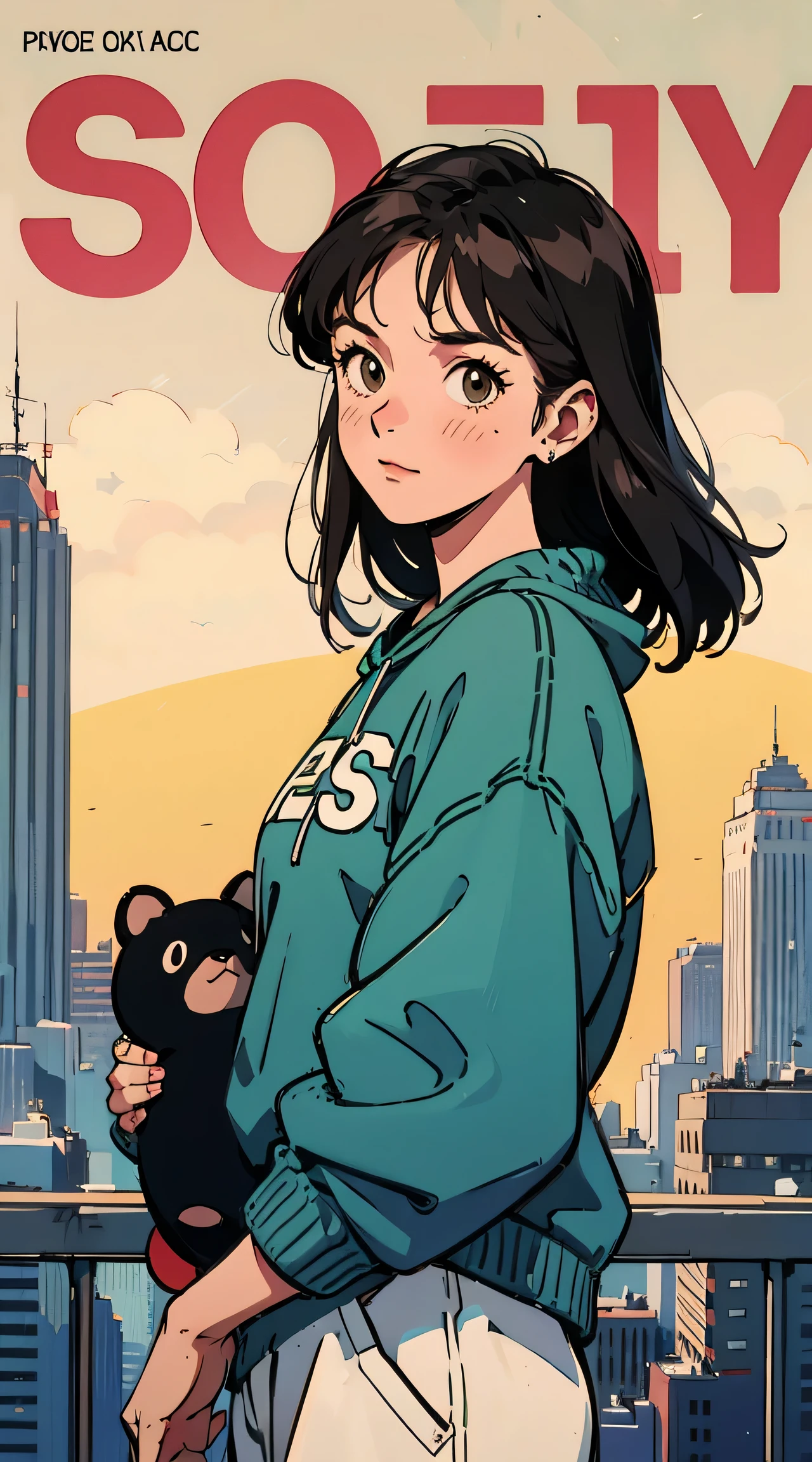 Best image quality, 1980s style animation, 21 year old girl, black hair, long hair, light brown eyes, With a baggy sweatshirt, magazine cover, whole body , city , posing, With a cute otter doll
