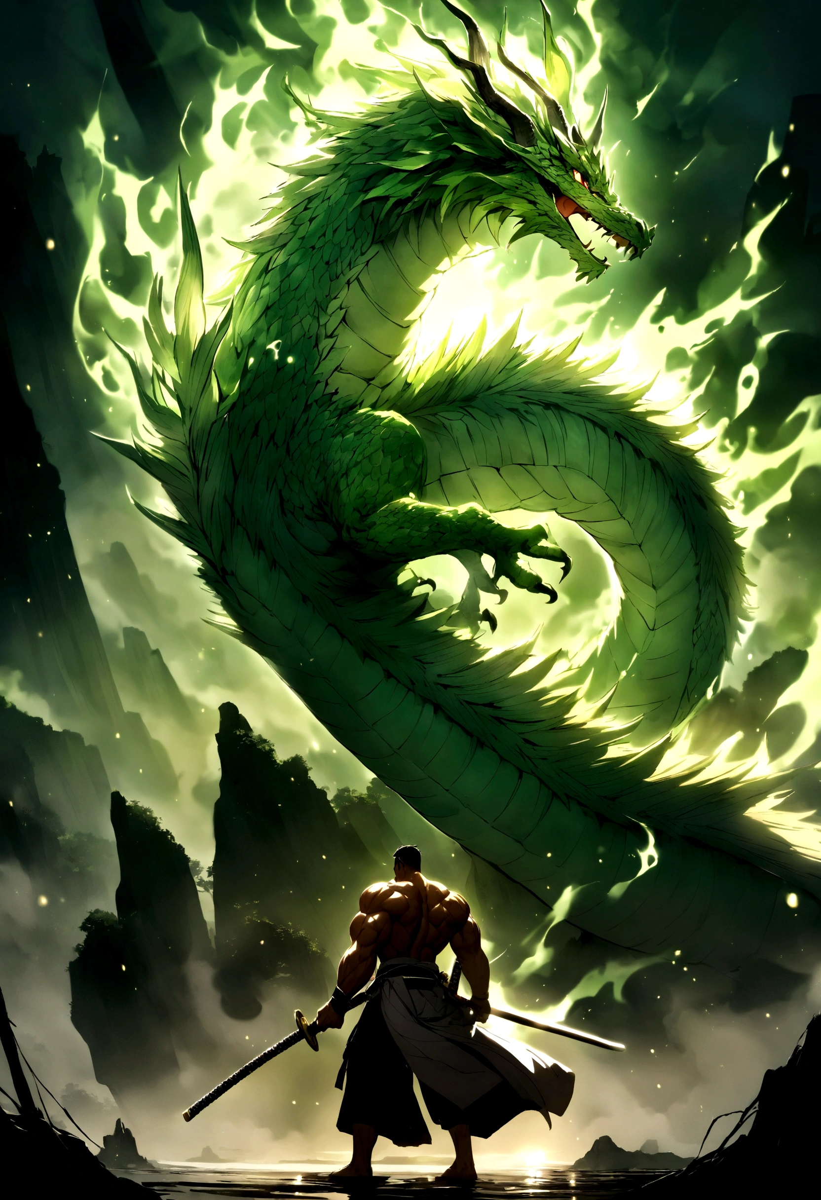 very muscular man cuts a green fire dragon in two with a Japanese katana