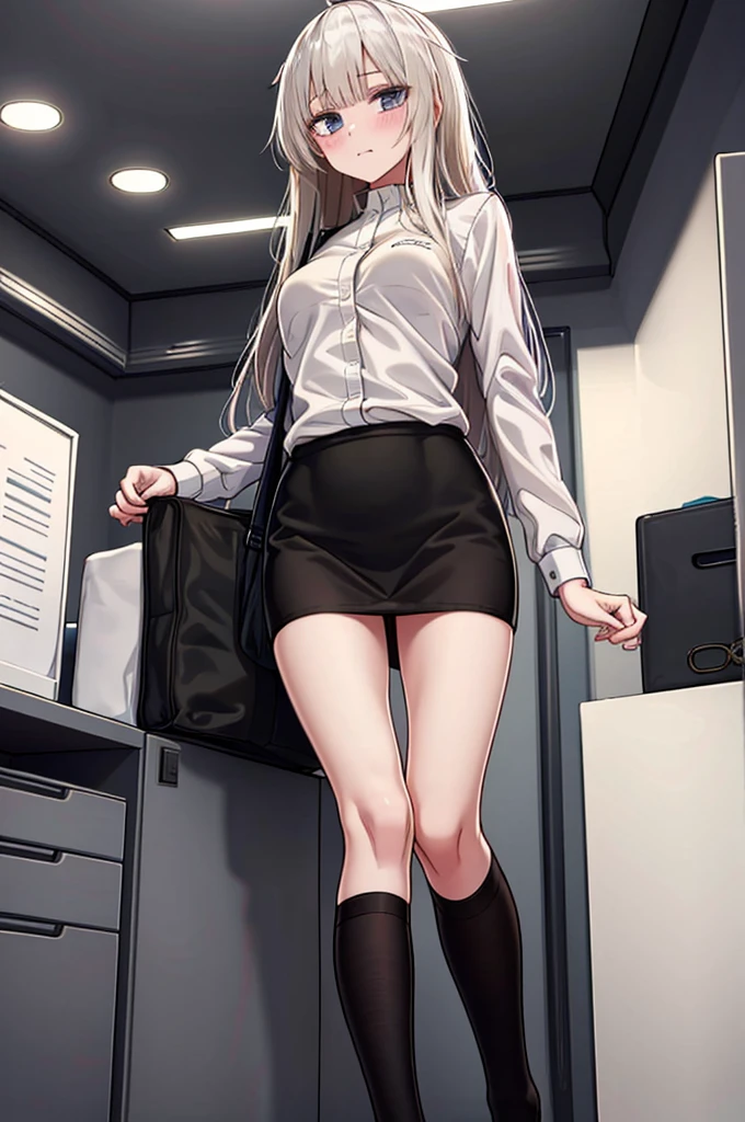 Masterpiece, 1girl, solo, ak-74m, standing, indoor, white shirt, indoor, miniskirt, pencil skirt, inside office 