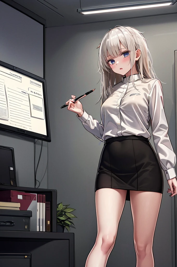 Masterpiece, 1girl, solo, ak-74m, standing, indoor, white shirt, indoor, miniskirt, pencil skirt, inside office